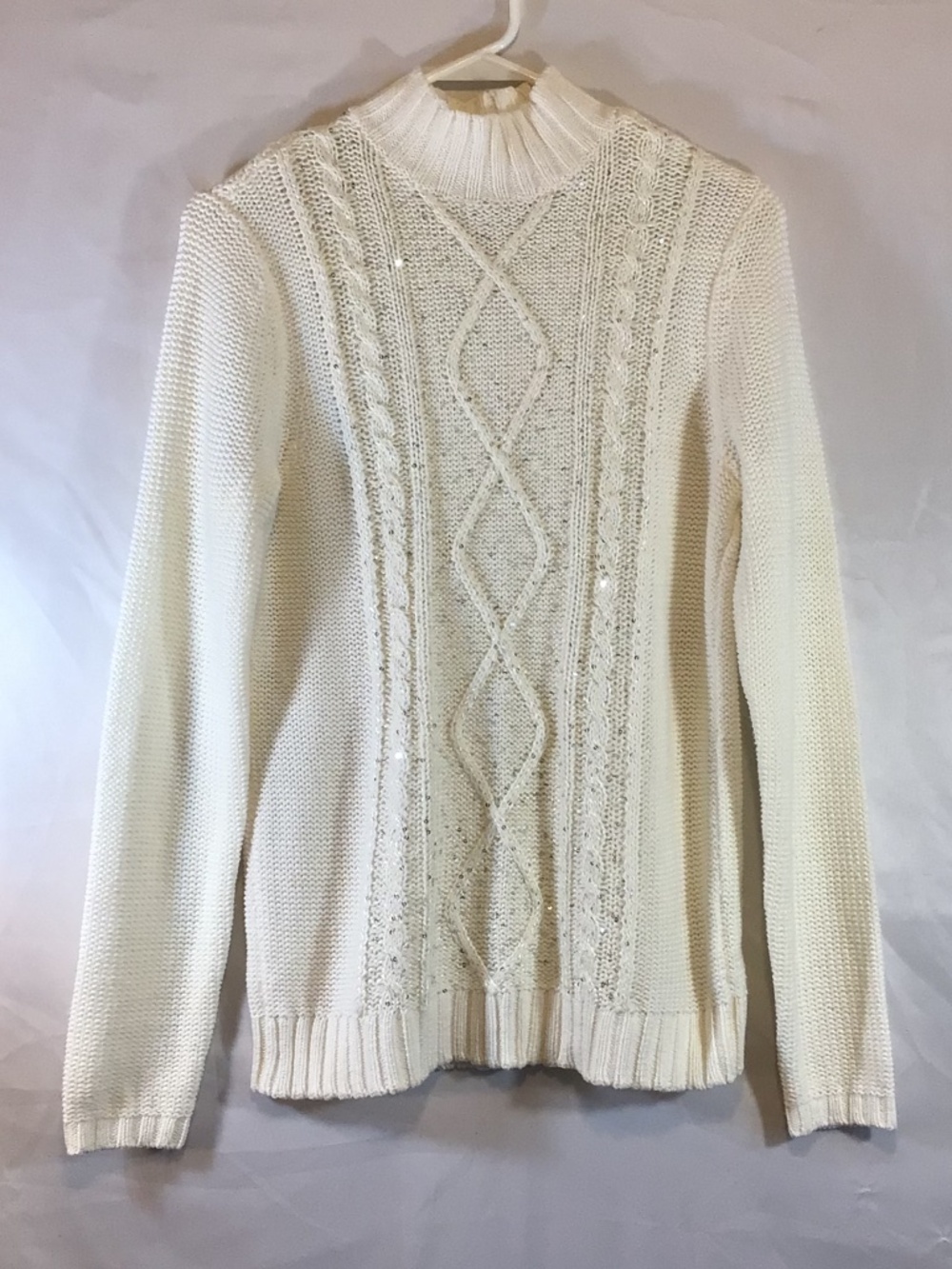 Studio Works Women Sweater Small White Mock Neck Sequins Holiday Party Preppy